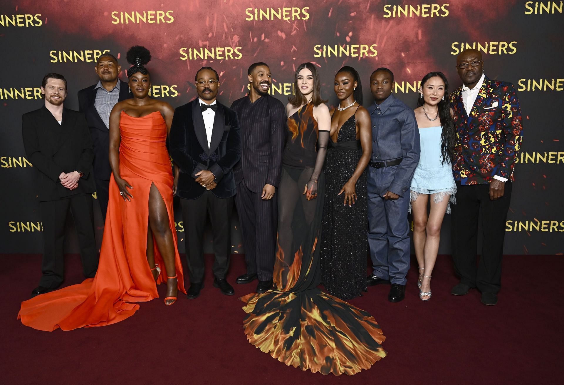 Jack O'Connell, Omar Benson Miller, Wunmi Mosaku, Ryan Coogler, Michael B. Jordan, Hailee Steinfeld, Jayne Lawson, Miles Caton, Li Jun Li and Delroy Lindo attend the "Sinners" European Premiere at the Cineworld Leicester Square on April 14, 2025, in London, England. (Image via Getty)